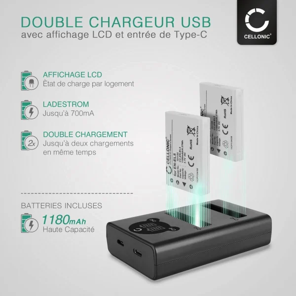 CELLONIC® Set De 2 Batteries Appareil Photo 1180mAh Et Double Chargeu… Nouvelle tendance 3